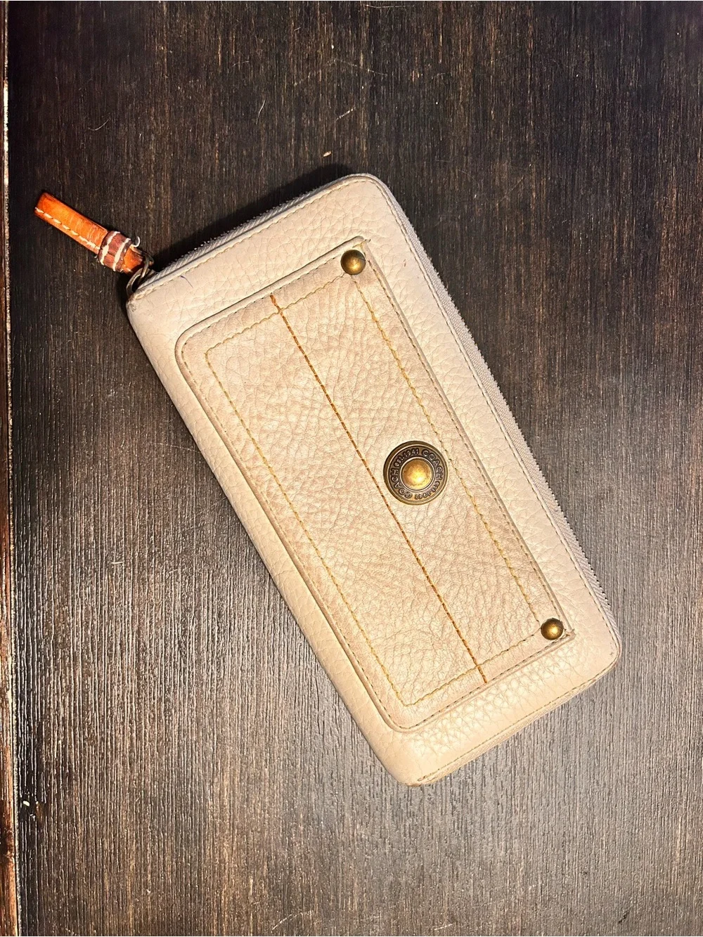 Coach Beige Leather Zip Around Wallet with Brass Hardware